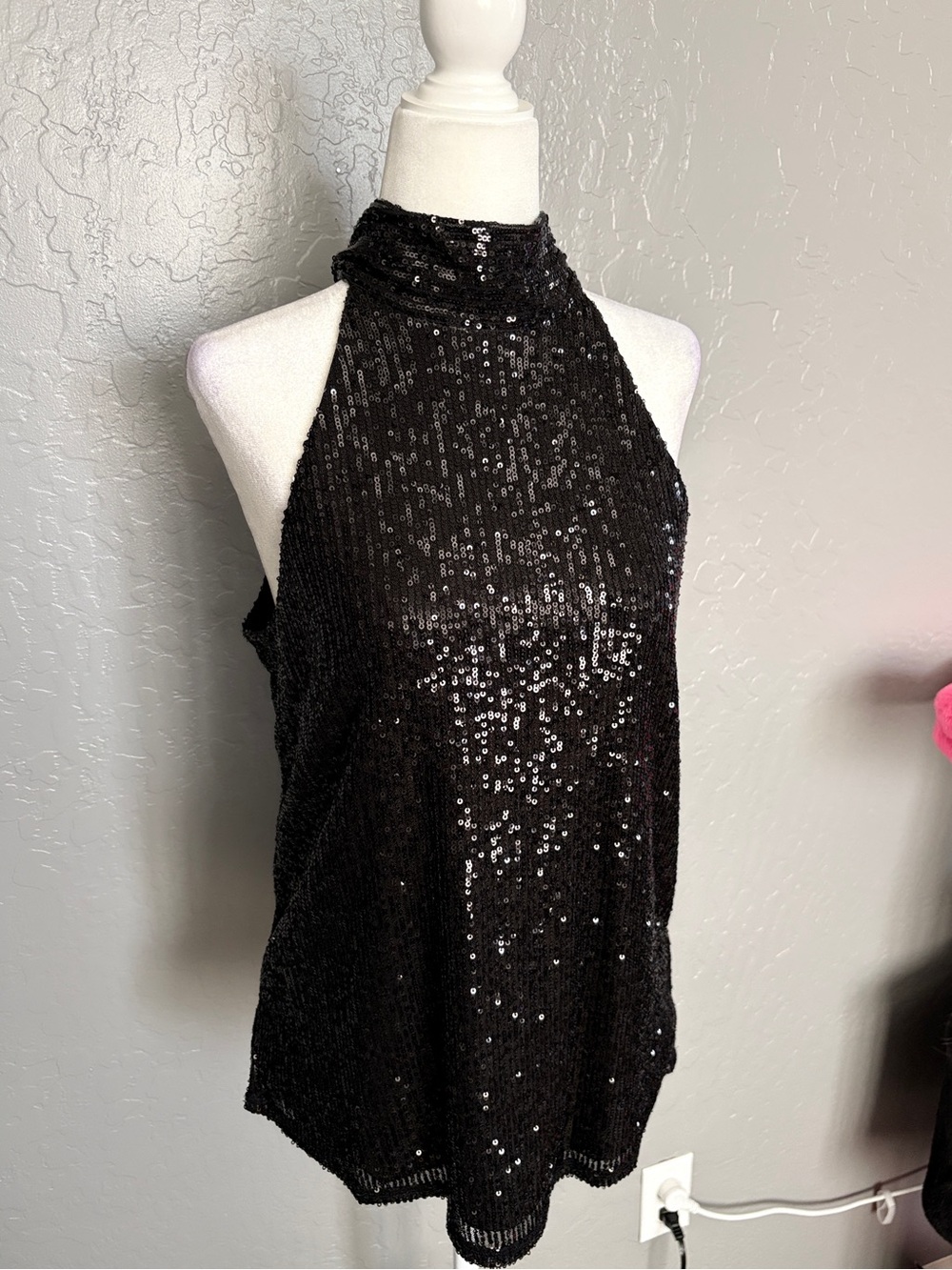 Black Sequin Halter Tank Top - Women's Party Top